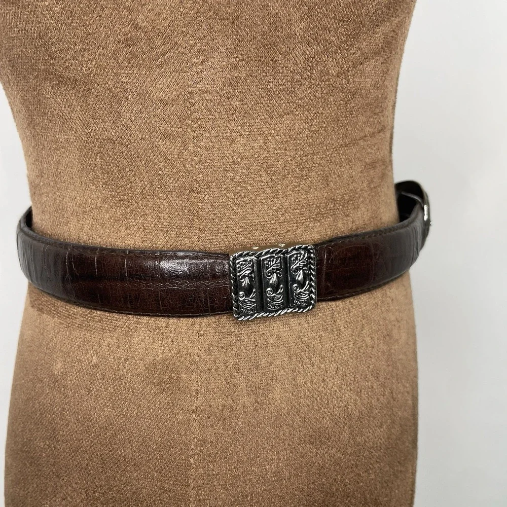 Vtg. 90s-Western-Boho Brown Croc Leather Belt Silver Buckle,Conchos,Womens Small